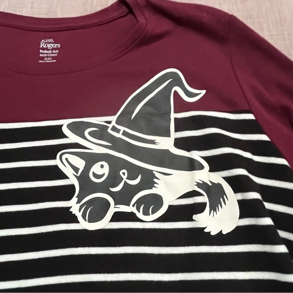 Kim Rogers Maroon and Black Striped Witch Cat Long Sleeve Tee Size XXL Halloween - Picture 3 of 6